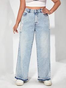 SHEIN Plus High Waist Ripped Wide Leg Jeans Without Belt - Light Wash - View 5