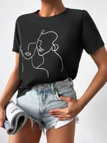 RueChic Camiseta con estampado de figura - Negro - Ver 1