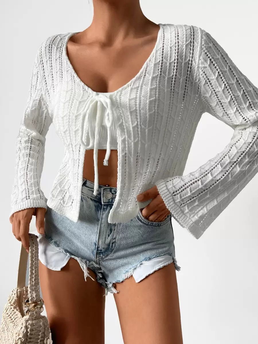 EURMUSE Tie Front Long Sleeves Hollow Out Kimono, For Summer Beach Vacation - White - View 1