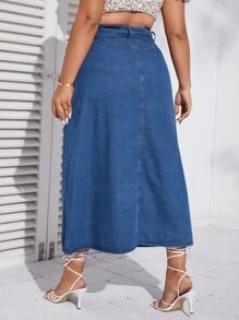 SHEIN Plus Button Fly Flap Pocket Denim Skirt - Medium Wash - View 3