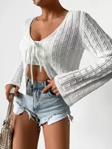 EURMUSE Tie Front Long Sleeves Hollow Out Kimono, For Summer Beach Vacation - White - View 3