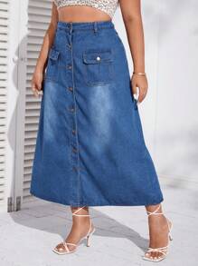 SHEIN Plus Button Fly Flap Pocket Denim Skirt - Medium Wash - View 1