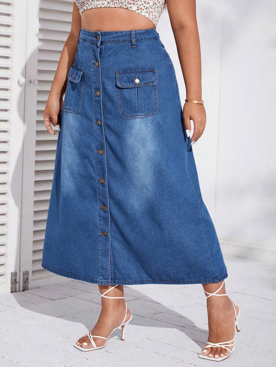 SHEIN Plus Button Fly Flap Pocket Denim Skirt - Medium Wash - View 1