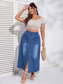 SHEIN Plus Button Fly Flap Pocket Denim Skirt - Medium Wash - View 5