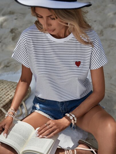 EURMUSE Striped Print Heart Embroidery Tee