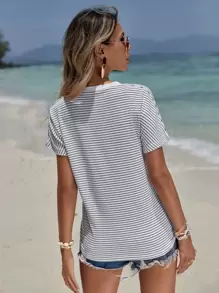 EURMUSE Striped Print Heart Embroidery Tee - Black and White - View 2