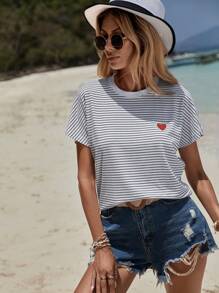 EURMUSE Striped Print Heart Embroidery Tee - Black and White - View 4