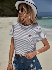 EURMUSE Striped Print Heart Embroidery Tee - Black and White - View 5