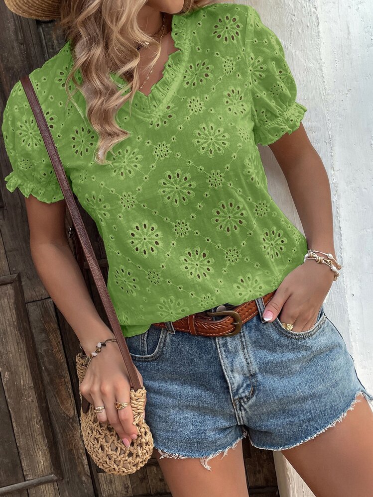 Breezaya Casual Vacation French Eyelet Embroidery Puff Sleeve V-Neck Blouse - Green - View 1