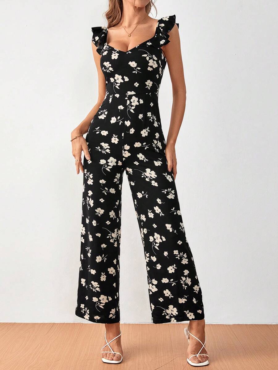 SHEIN Frenchy Floral Print Ruffle Trim Wide Leg Jumpsuit - Black - View 1