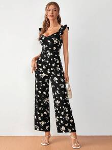 SHEIN Frenchy Floral Print Ruffle Trim Wide Leg Jumpsuit - Black - View 3
