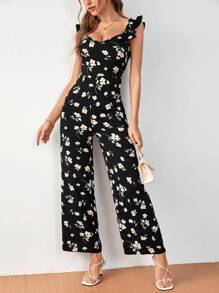 SHEIN Frenchy Floral Print Ruffle Trim Wide Leg Jumpsuit - Black - View 4