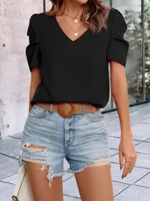 SHEIN Clasi Solid Puff Sleeve V Neck Blouse - Black - View 1