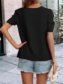 SHEIN Clasi Solid Puff Sleeve V Neck Blouse - Black - View 2