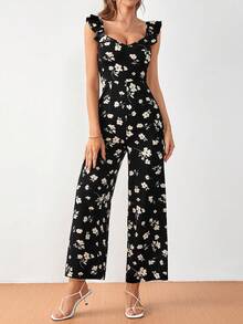SHEIN Frenchy Floral Print Ruffle Trim Wide Leg Jumpsuit - Black - View 5