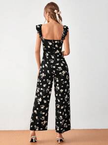 SHEIN Frenchy Floral Print Ruffle Trim Wide Leg Jumpsuit - Black - View 6