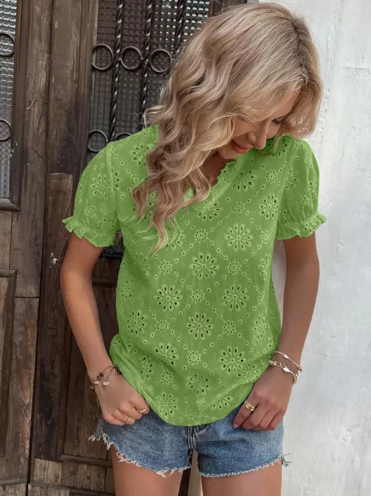 Breezaya Casual Vacation French Eyelet Embroidery Puff Sleeve V-Neck Blouse - Green - View 7