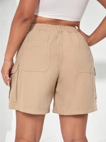 SHEIN EZwear Quần short denim oversized Nút Dây kéo Túi màu trơn - Màu Khaki - Xem 3