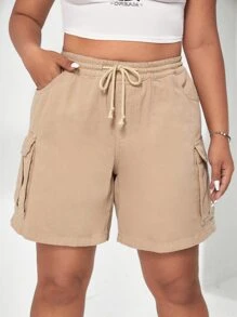 SHEIN EZwear Quần short denim oversized Nút Dây kéo Túi màu trơn - Màu Khaki - Xem 4