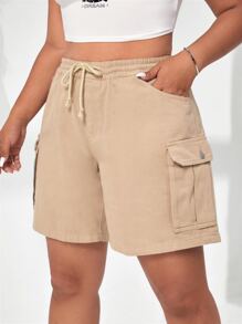 SHEIN EZwear Quần short denim oversized Nút Dây kéo Túi màu trơn - Màu Khaki - Xem 1