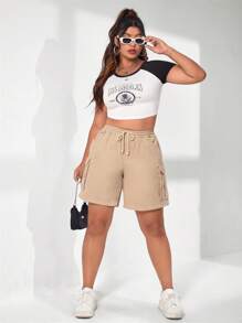 SHEIN EZwear Quần short denim oversized Nút Dây kéo Túi màu trơn - Màu Khaki - Xem 5