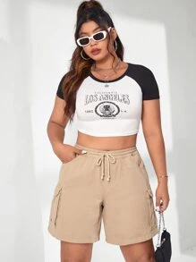 SHEIN EZwear Quần short denim oversized Nút Dây kéo Túi màu trơn - Màu Khaki - Xem 6