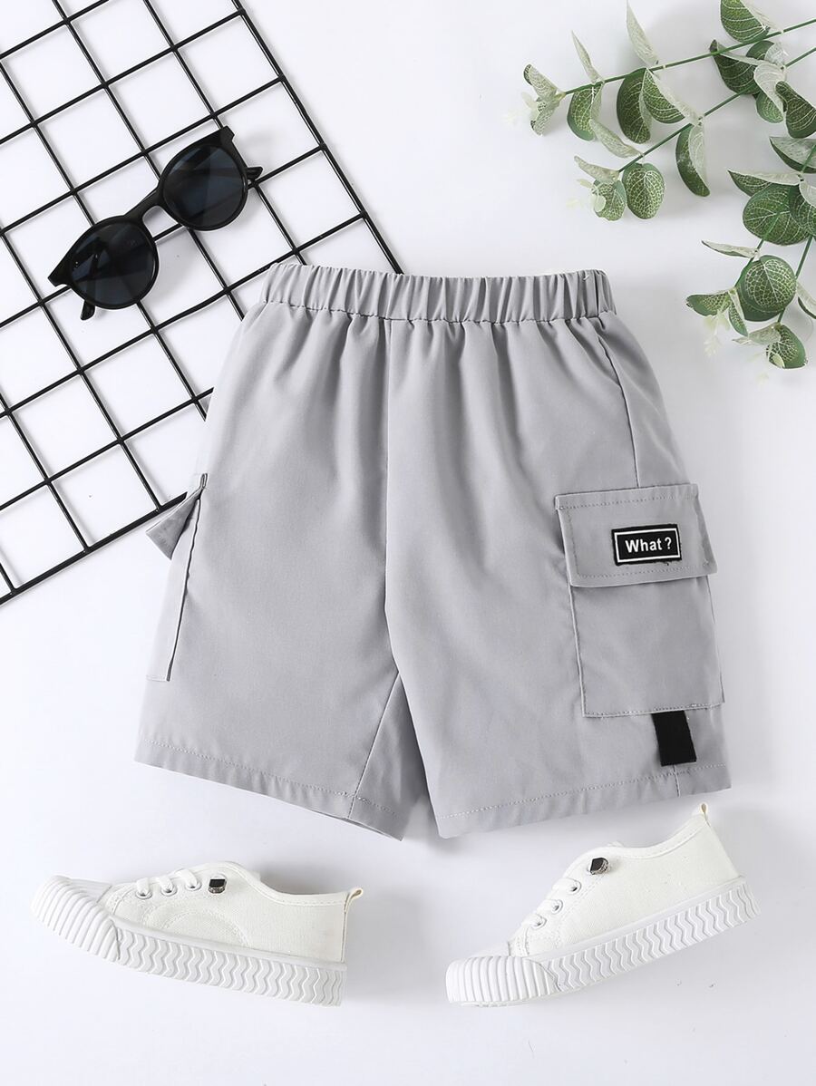 SHEIN Toddler Boys Letter Patched Detail Flap Pocket Side Shorts - Light Grey - View 1