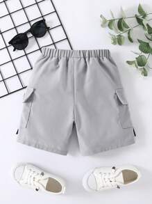 SHEIN Toddler Boys Letter Patched Detail Flap Pocket Side Shorts - Light Grey - View 2