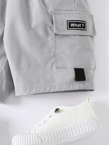 SHEIN Toddler Boys Letter Patched Detail Flap Pocket Side Shorts - Light Grey - View 4
