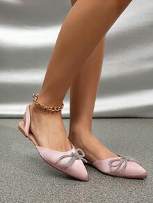 Women Rhinestone & Bow Decor Point Toe Slingback Flats, Glamorous Outdoor Satin Flats - Pink - View 4