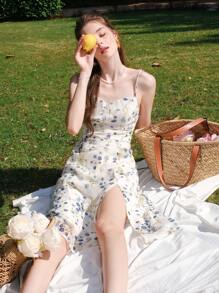 Floral Print Split Thigh Cami Dress - White - View 10