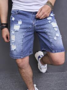 Manfinity Hombres Shorts en mezclilla desgarro crudo con lavado - Azul lavado medio - Ver 1