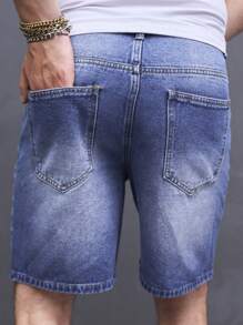 Manfinity Hombres Shorts en mezclilla desgarro crudo con lavado - Azul lavado medio - Ver 2