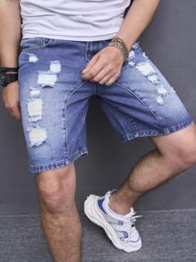 Manfinity Hombres Shorts en mezclilla desgarro crudo con lavado - Azul lavado medio - Ver 7