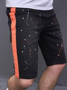 Aesthetic Post--Men Splash Ink Print Contrast Side Seam Denim Shorts - Black - View 1