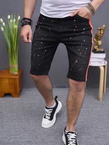 Aesthetic Post--Men Splash Ink Print Contrast Side Seam Denim Shorts - Black - View 3