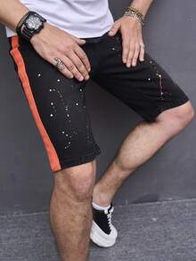 Aesthetic Post--Men Splash Ink Print Contrast Side Seam Denim Shorts - Black - View 4
