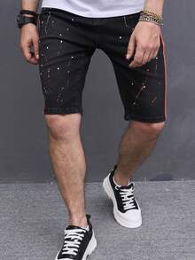 Aesthetic Post--Men Splash Ink Print Contrast Side Seam Denim Shorts - Black - View 5