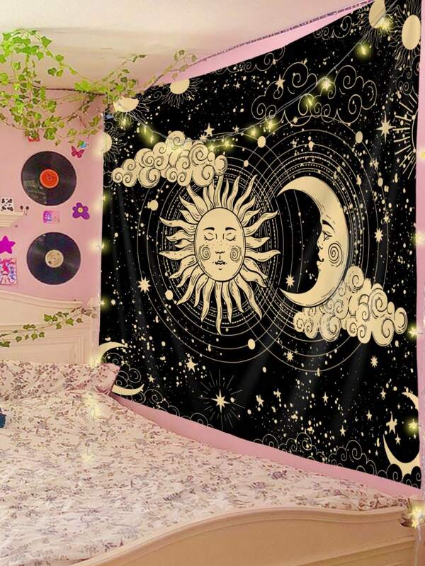 1pc Sun & Moon Print Tapestry, Modern Galaxy Print Hanging Blanket For Home Decoration, Flag For Room, Room Decor, Tapestry, Wall Decor, Wall Art ,Room Stuffs, Flags For Room, Tapestri, Wall Tapestry
