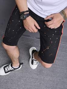 Aesthetic Post--Men Splash Ink Print Contrast Side Seam Denim Shorts - Black - View 6