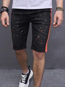 Aesthetic Post--Men Splash Ink Print Contrast Side Seam Denim Shorts - Black - View 7