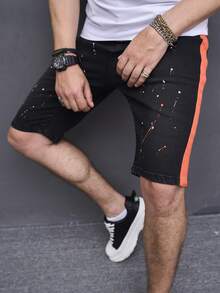 Aesthetic Post--Men Splash Ink Print Contrast Side Seam Denim Shorts - Black - View 8