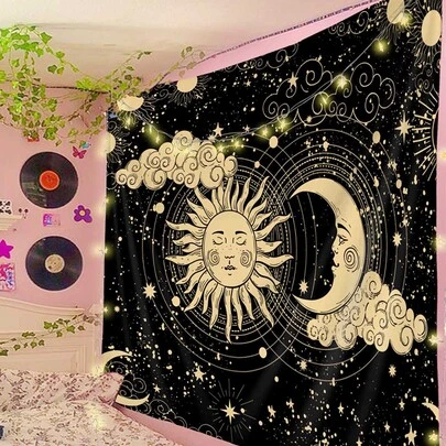 1 pieza Tapiz con estampado de sol y luna, manta colgante con estampado de galaxia moderna para decoración del hogar, bandera para habitación, decoración de habitación, tapiz, decoración de pared, arte de pared, artículos de habitación, banderas para habitación, tapices, tapiz de pared
