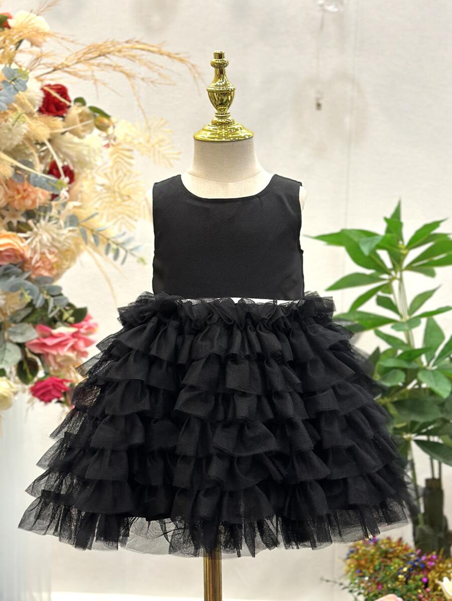 Baby Ruffle Trim Mesh Hem Dress - Black - View 1