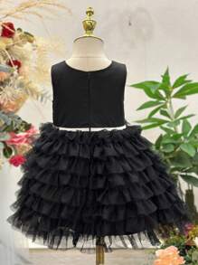 Baby Ruffle Trim Mesh Hem Dress - Black - View 2