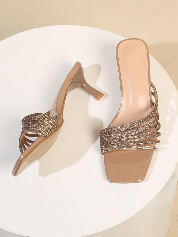 Women Rhinestone Decor Heeled Sandals, Glamorous Summer Glass Mule