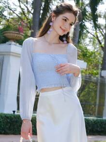 Áo sơ mi nữ viền lá sen Dải chun Thắt nơ trước màu trơn Thanh lịch - Màu xanh nhạt - Xem 1