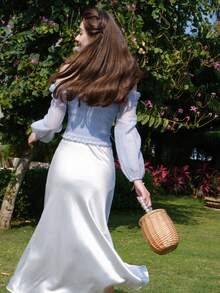 Áo sơ mi nữ viền lá sen Dải chun Thắt nơ trước màu trơn Thanh lịch - Màu xanh nhạt - Xem 2