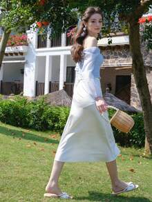 Áo sơ mi nữ viền lá sen Dải chun Thắt nơ trước màu trơn Thanh lịch - Màu xanh nhạt - Xem 4