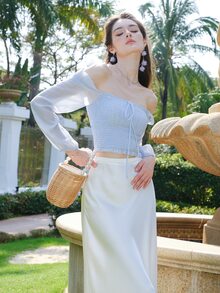 Áo sơ mi nữ viền lá sen Dải chun Thắt nơ trước màu trơn Thanh lịch - Màu xanh nhạt - Xem 6